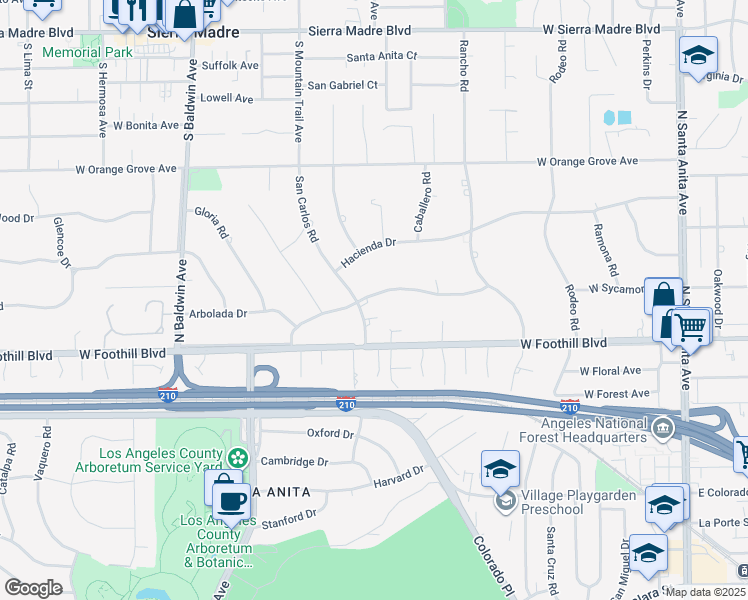 map of restaurants, bars, coffee shops, grocery stores, and more near 330 Arbolada Drive in Arcadia