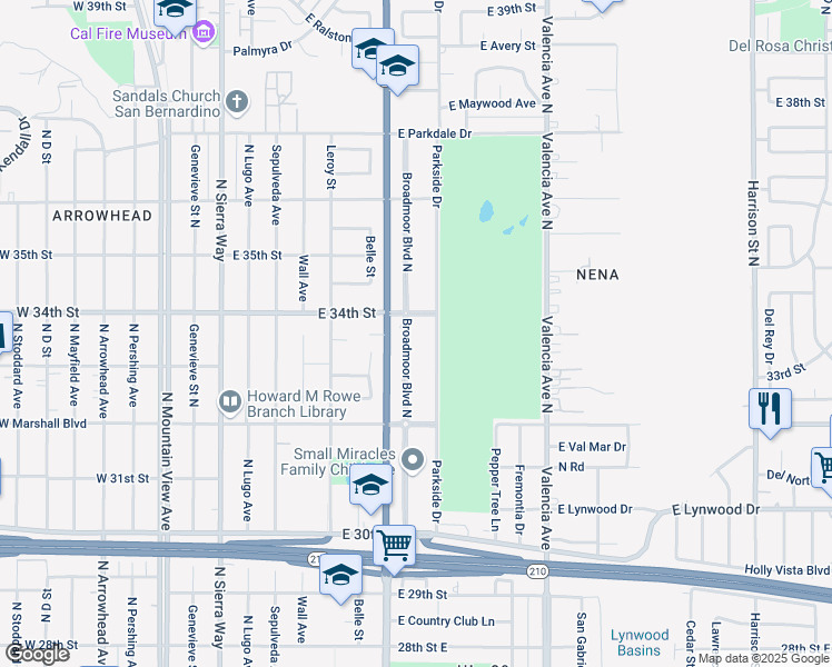 map of restaurants, bars, coffee shops, grocery stores, and more near 3371 Broadmoor Boulevard North in San Bernardino