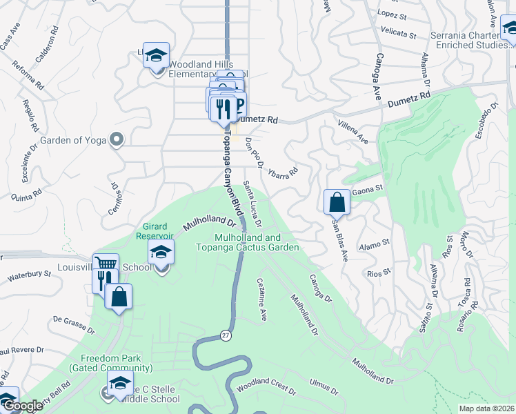 map of restaurants, bars, coffee shops, grocery stores, and more near 4642 Santa Lucia Drive in Los Angeles