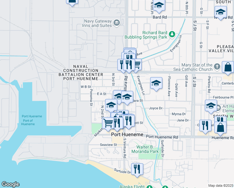 map of restaurants, bars, coffee shops, grocery stores, and more near 502 Starboard Lane in Port Hueneme