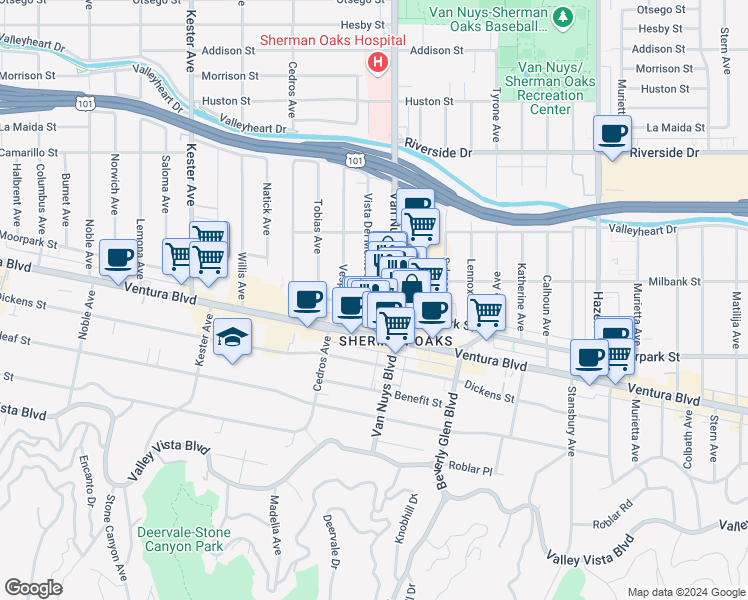 map of restaurants, bars, coffee shops, grocery stores, and more near 4442 Vista Del Monte Avenue in Los Angeles