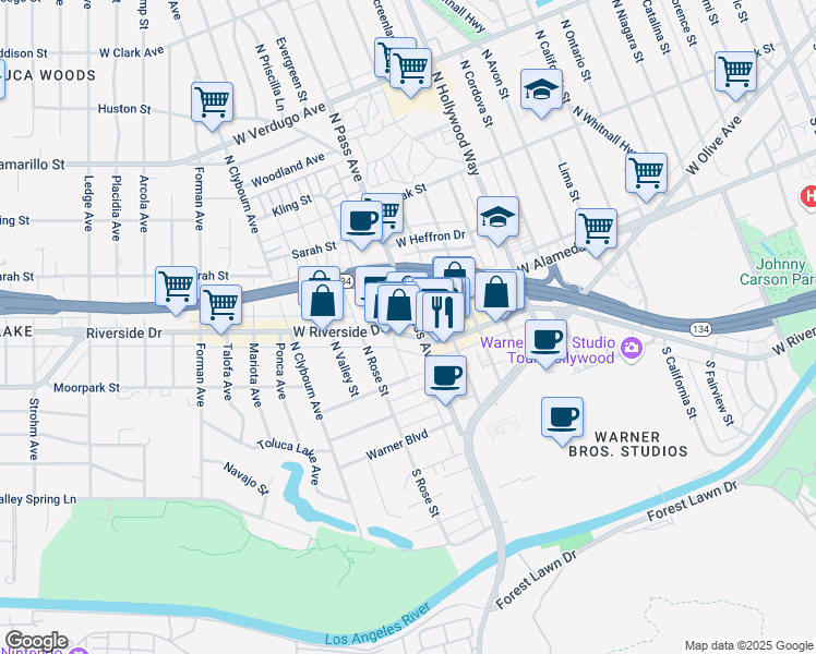 map of restaurants, bars, coffee shops, grocery stores, and more near 184 North Pass Avenue in Burbank