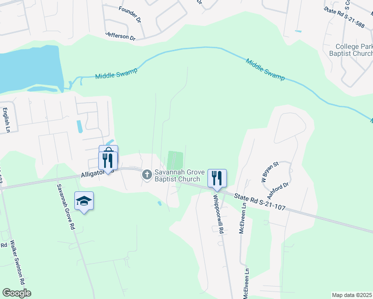 map of restaurants, bars, coffee shops, grocery stores, and more near 2216 Poole Lane in Effingham