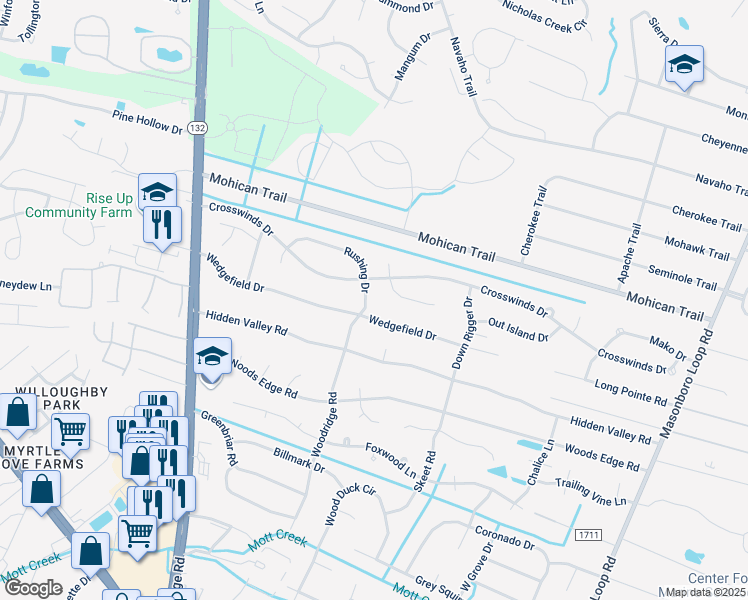 map of restaurants, bars, coffee shops, grocery stores, and more near 4809 Rushing Drive in Wilmington