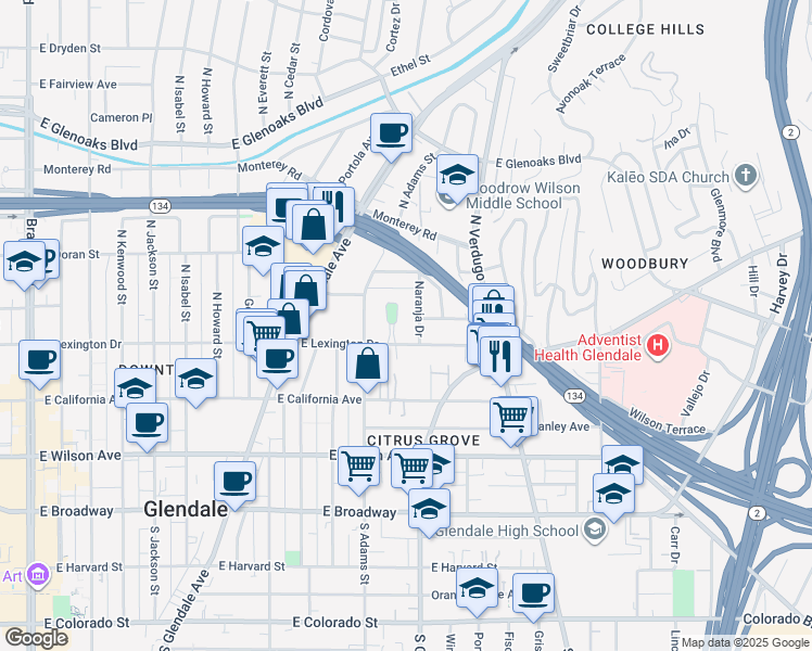 map of restaurants, bars, coffee shops, grocery stores, and more near 400 Piedmont Avenue in Glendale