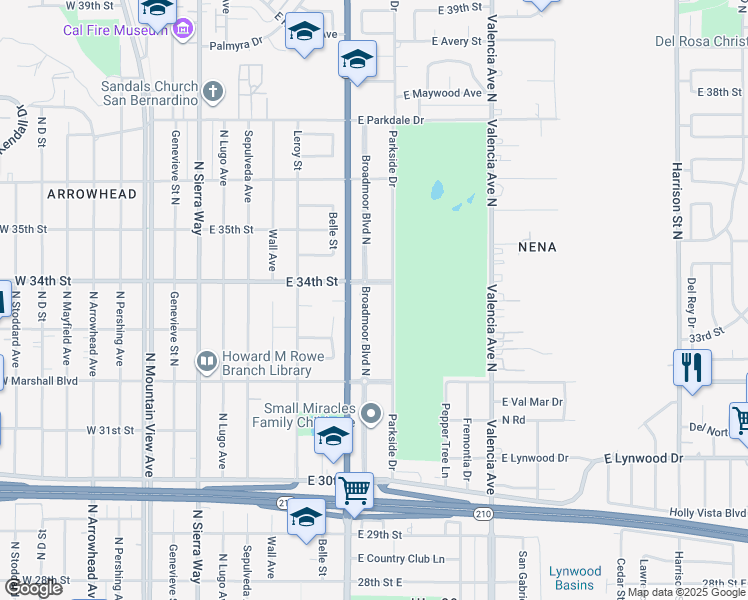 map of restaurants, bars, coffee shops, grocery stores, and more near 3371 Broadmoor Boulevard North in San Bernardino