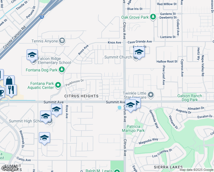 map of restaurants, bars, coffee shops, grocery stores, and more near 5604 Altamura Way in Fontana