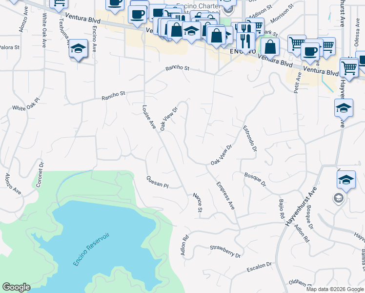 map of restaurants, bars, coffee shops, grocery stores, and more near 17100 Oak View Drive in Los Angeles