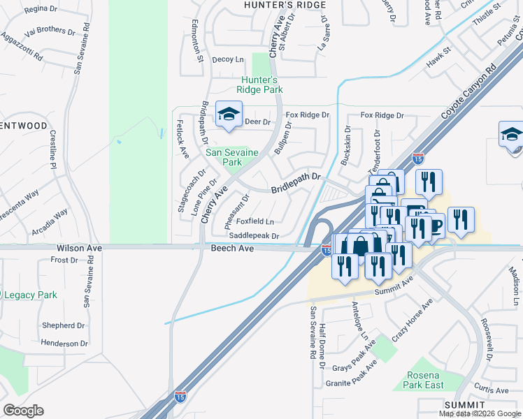 map of restaurants, bars, coffee shops, grocery stores, and more near 5569 Spur Court in Fontana