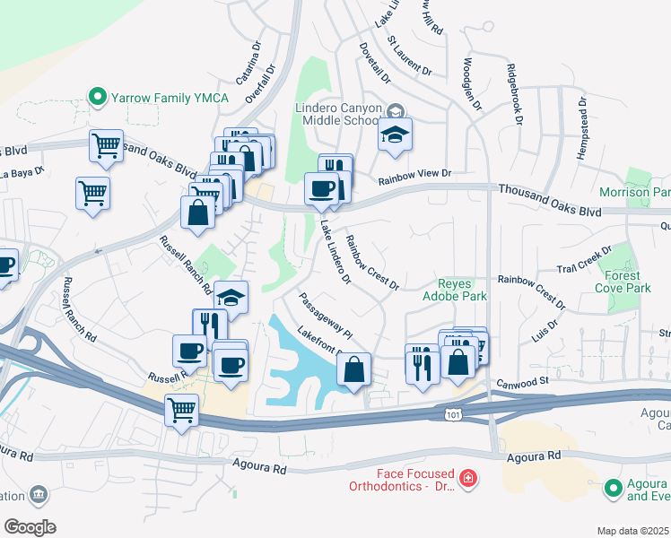 map of restaurants, bars, coffee shops, grocery stores, and more near 5607 Lake Lindero Drive in Agoura Hills