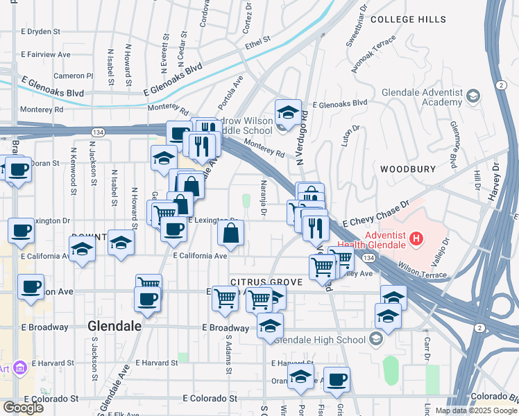 map of restaurants, bars, coffee shops, grocery stores, and more near 415 Naranja Drive in Glendale