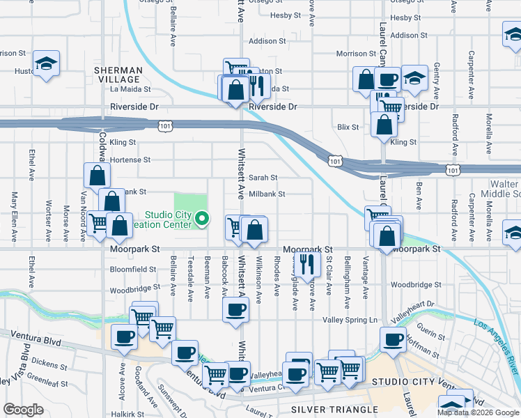 map of restaurants, bars, coffee shops, grocery stores, and more near 12427 Landale Street in Los Angeles