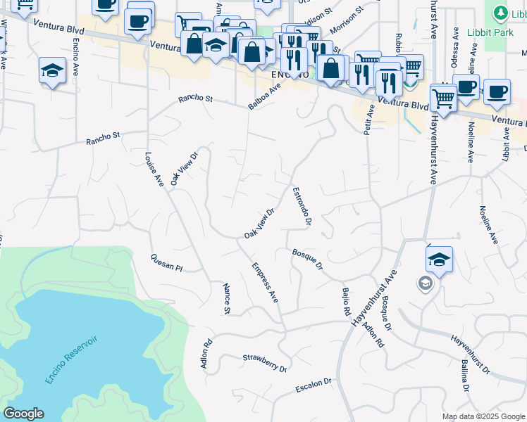 map of restaurants, bars, coffee shops, grocery stores, and more near 16951 Ivadel Place in Los Angeles