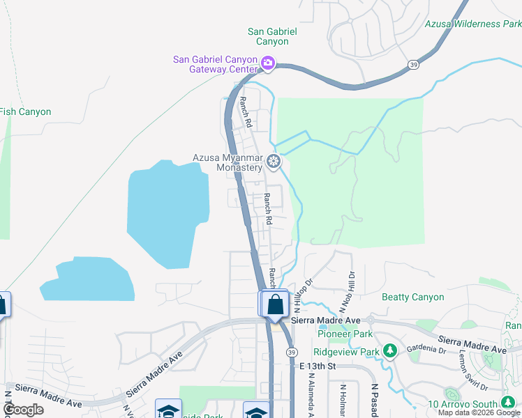 map of restaurants, bars, coffee shops, grocery stores, and more near 228 Monroe Court in Azusa