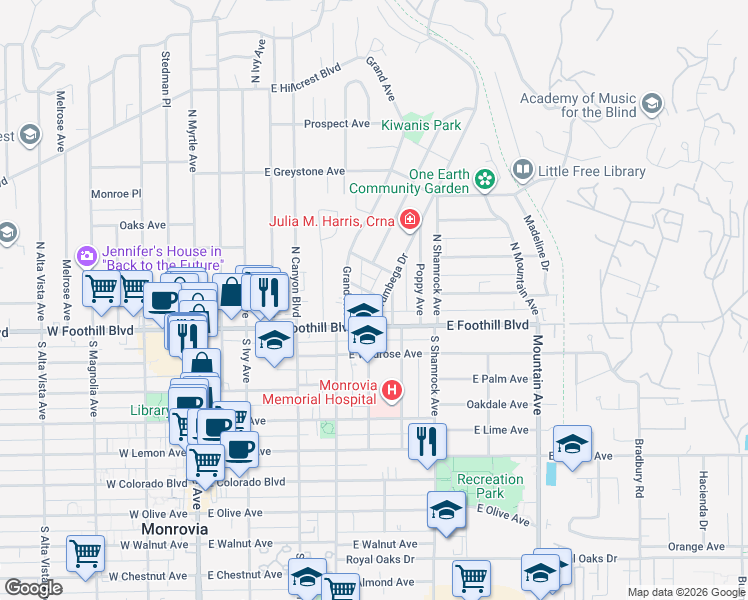map of restaurants, bars, coffee shops, grocery stores, and more near 120 Norumbega Drive in Monrovia