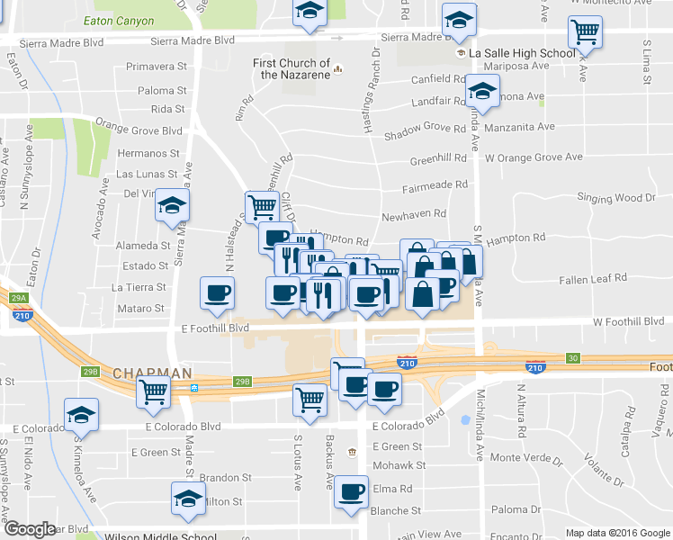 map of restaurants, bars, coffee shops, grocery stores, and more near 355 Cliff Drive in Pasadena