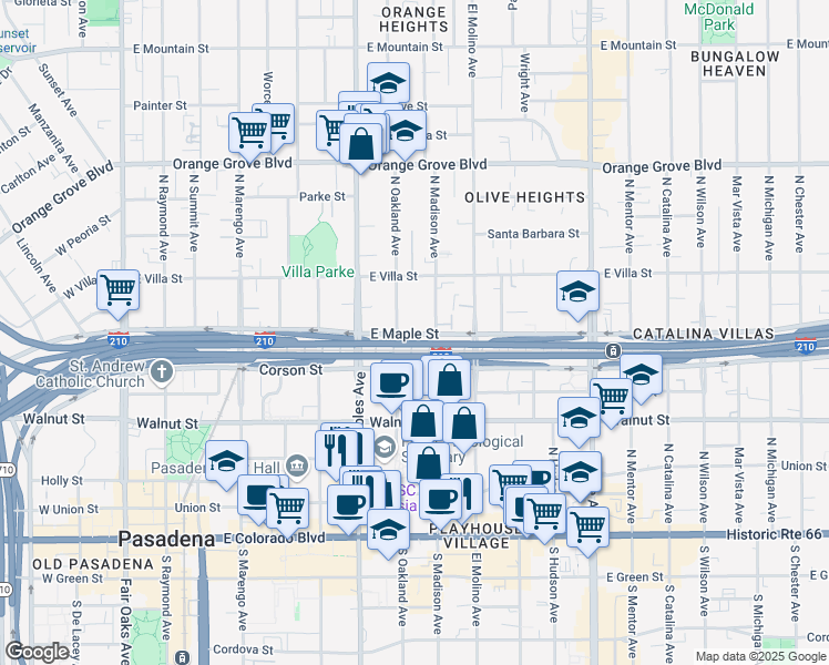 map of restaurants, bars, coffee shops, grocery stores, and more near 383 North Oakland Avenue in Pasadena