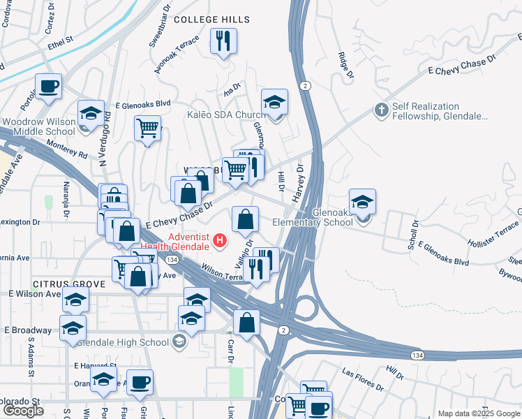 map of restaurants, bars, coffee shops, grocery stores, and more near 1809 Orchard Avenue in Glendale