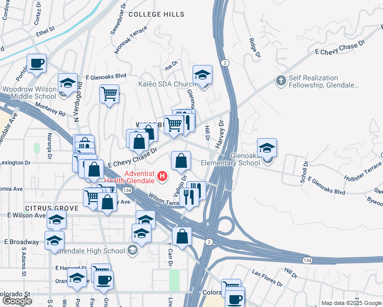 map of restaurants, bars, coffee shops, grocery stores, and more near 1702 Orchard Avenue in Glendale