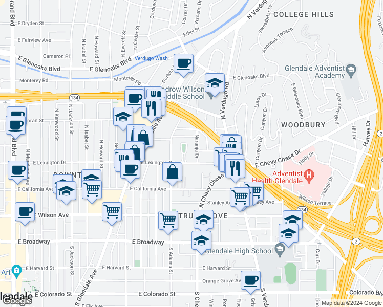 map of restaurants, bars, coffee shops, grocery stores, and more near 400 Piedmont Avenue in Glendale