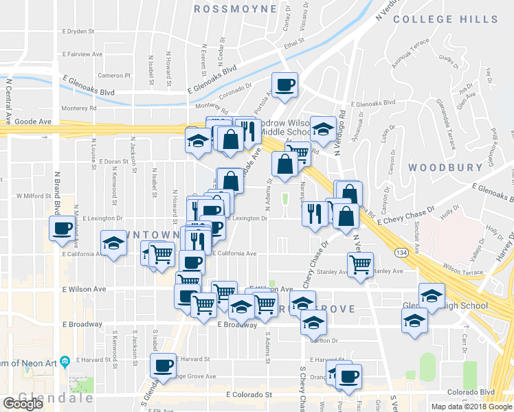 map of restaurants, bars, coffee shops, grocery stores, and more near 1021 East Lexington Drive in Glendale