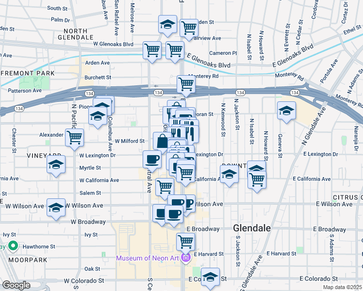 map of restaurants, bars, coffee shops, grocery stores, and more near 400 North Brand Boulevard in Glendale