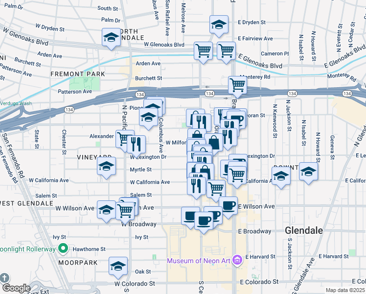 map of restaurants, bars, coffee shops, grocery stores, and more near 349 West Lexington Drive in Glendale