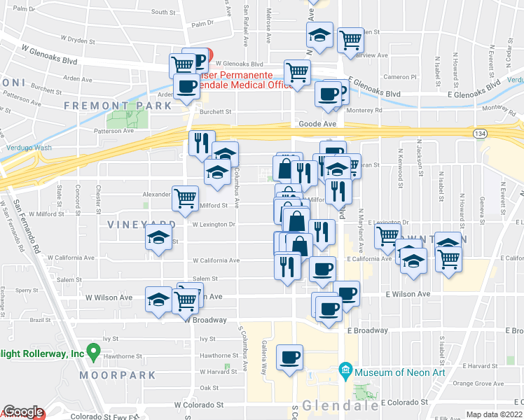 map of restaurants, bars, coffee shops, grocery stores, and more near 349 West Lexington Drive in Glendale