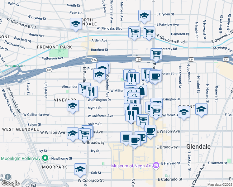 map of restaurants, bars, coffee shops, grocery stores, and more near 349 West Lexington Drive in Glendale