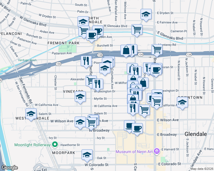 map of restaurants, bars, coffee shops, grocery stores, and more near 401 North Orange Street in Glendale