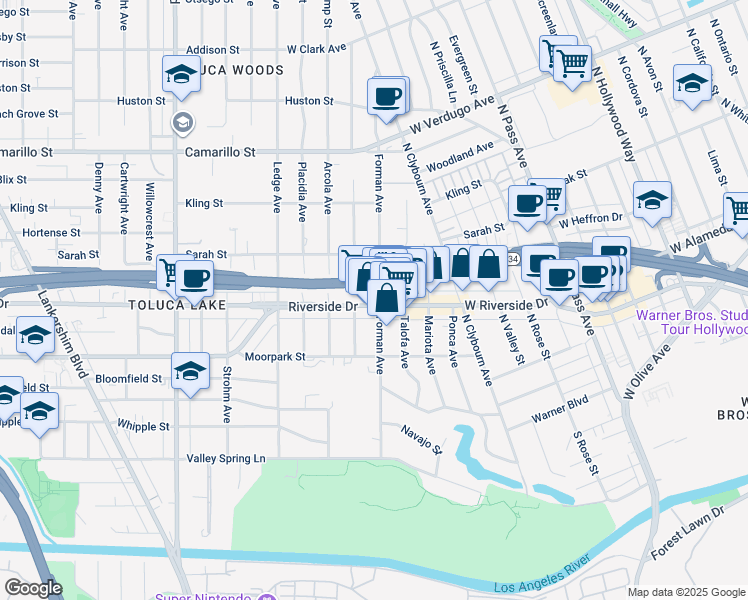 map of restaurants, bars, coffee shops, grocery stores, and more near 10200 Riverside Drive in Los Angeles