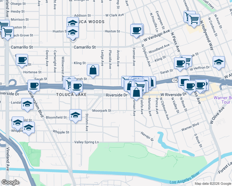 map of restaurants, bars, coffee shops, grocery stores, and more near 4450 Placidia Avenue in Los Angeles