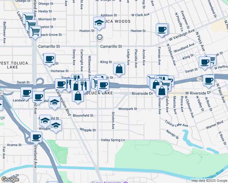 map of restaurants, bars, coffee shops, grocery stores, and more near 10470 Riverside Drive in Los Angeles