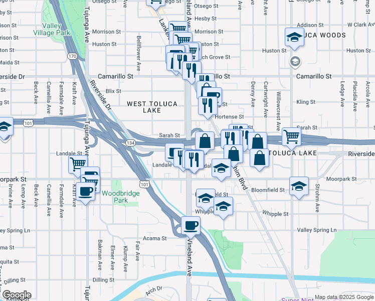 map of restaurants, bars, coffee shops, grocery stores, and more near Riverside Drive & Vineland Avenue in Los Angeles