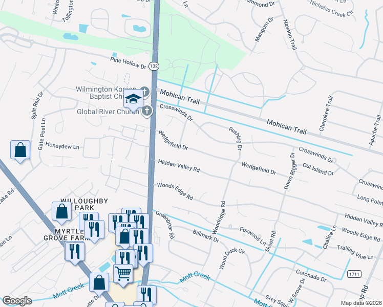 map of restaurants, bars, coffee shops, grocery stores, and more near 642 Hidden Valley Rd in Wilmington
