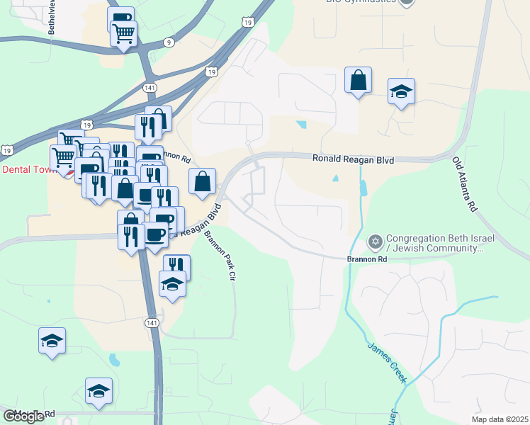 map of restaurants, bars, coffee shops, grocery stores, and more near 3610 Faulkner Street in Cumming