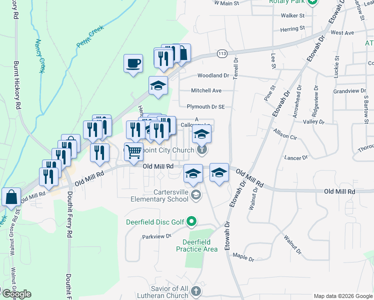 map of restaurants, bars, coffee shops, grocery stores, and more near 19 Greenway Lane in Cartersville