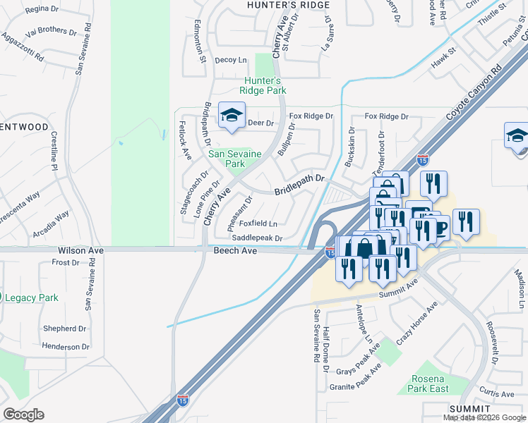 map of restaurants, bars, coffee shops, grocery stores, and more near 5569 Spur Court in Fontana