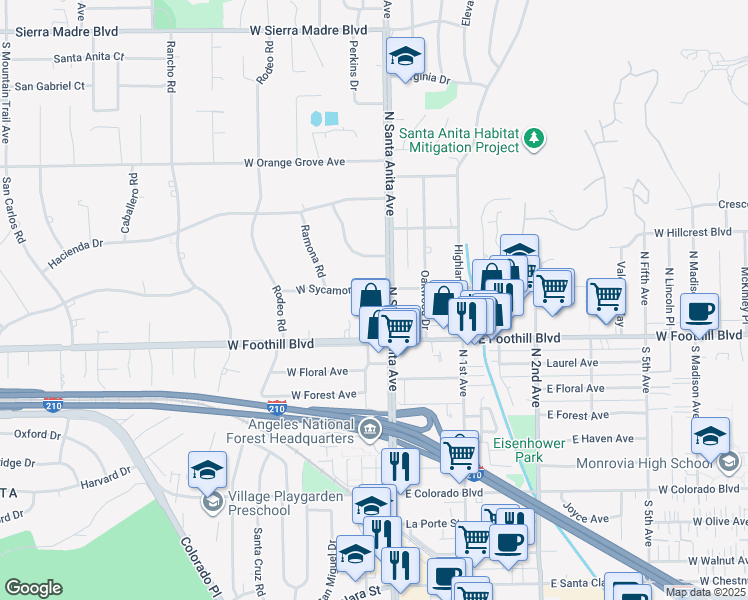 map of restaurants, bars, coffee shops, grocery stores, and more near 14 West Sycamore Avenue in Arcadia