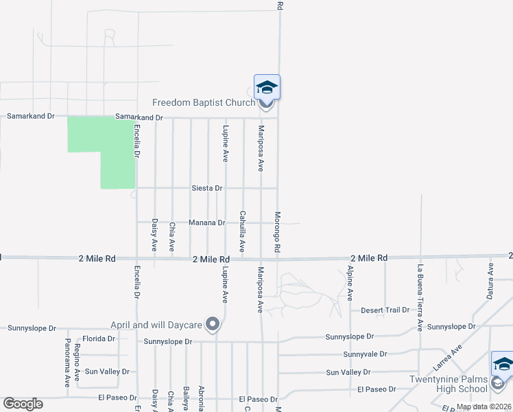 map of restaurants, bars, coffee shops, grocery stores, and more near 5556 Mariposa Avenue in Twentynine Palms