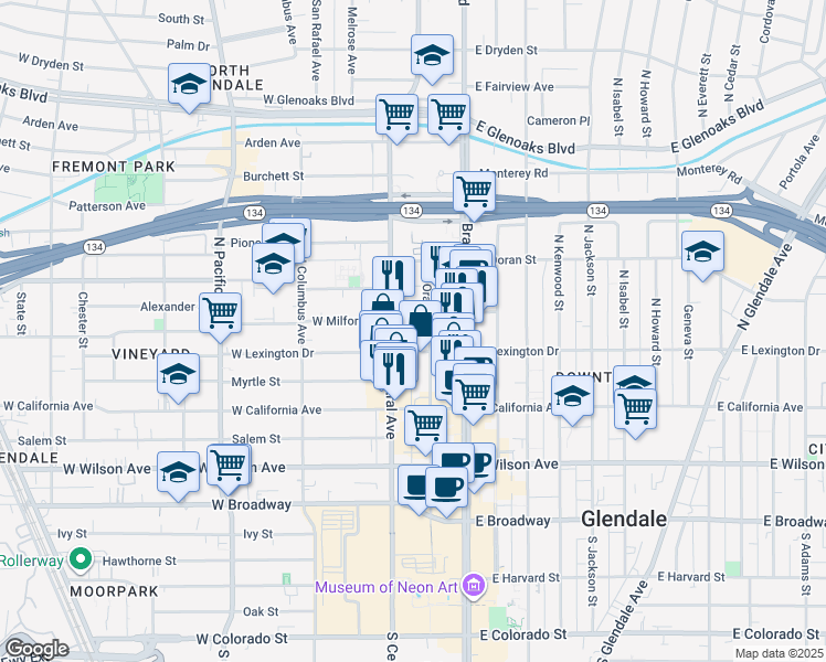 map of restaurants, bars, coffee shops, grocery stores, and more near 201 West Lexington Drive in Glendale