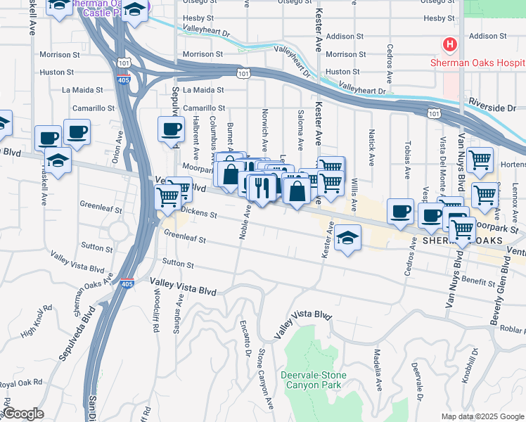 map of restaurants, bars, coffee shops, grocery stores, and more near 15039 Dickens Street in Los Angeles