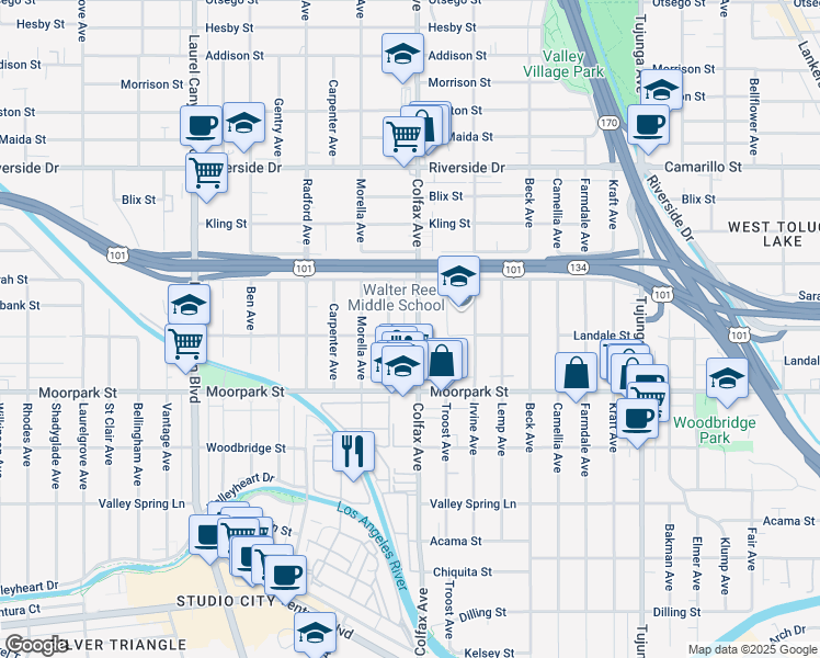 map of restaurants, bars, coffee shops, grocery stores, and more near 4453 Colfax Avenue in Los Angeles