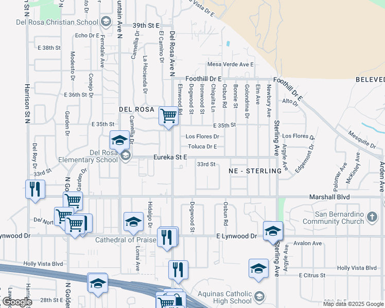map of restaurants, bars, coffee shops, grocery stores, and more near 25400 33rd Street in San Bernardino