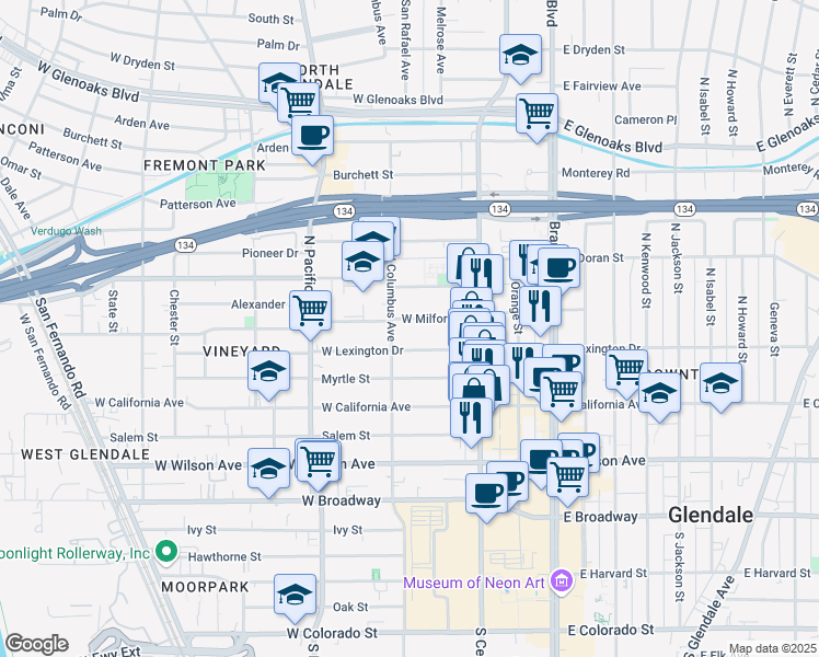 map of restaurants, bars, coffee shops, grocery stores, and more near 364 West Milford Street in Glendale