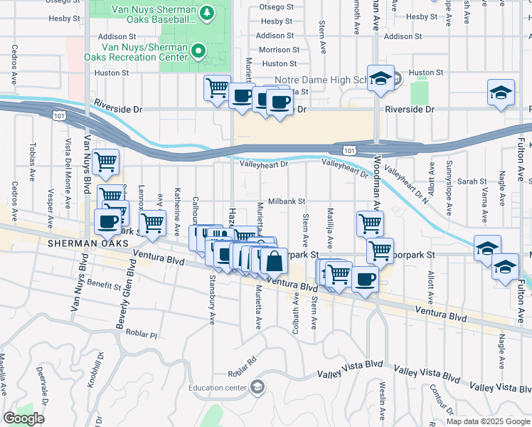 map of restaurants, bars, coffee shops, grocery stores, and more near 4457 Murietta Avenue in Los Angeles