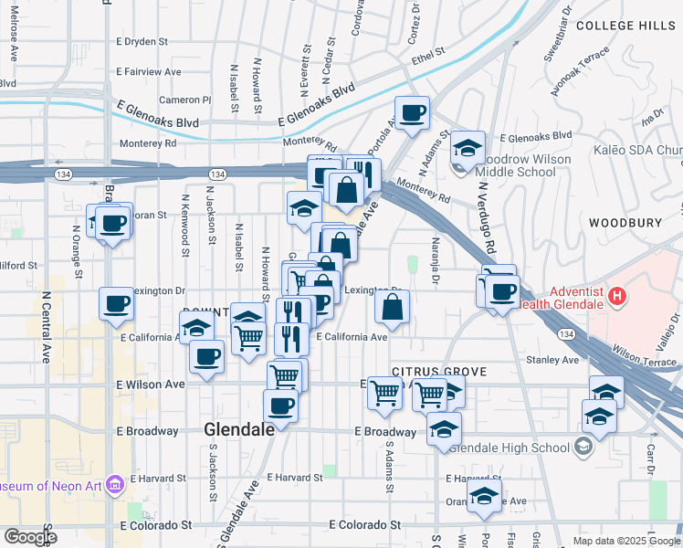 map of restaurants, bars, coffee shops, grocery stores, and more near 925 East Lexington Drive in Glendale