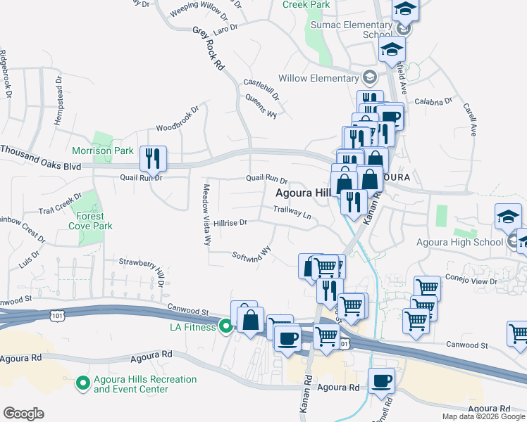 map of restaurants, bars, coffee shops, grocery stores, and more near 29361 Hillrise Drive in Agoura Hills