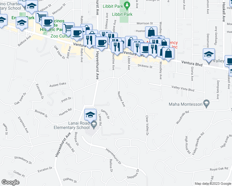 map of restaurants, bars, coffee shops, grocery stores, and more near 4509 Noeline Avenue in Los Angeles