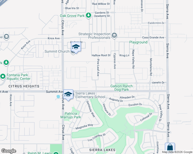 map of restaurants, bars, coffee shops, grocery stores, and more near 5586 Pine Leaf Avenue in Fontana